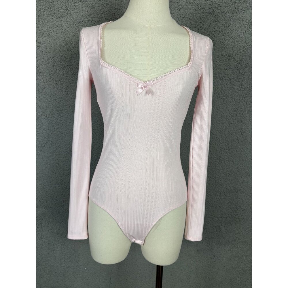Self Esteem Juniors' Women's Fallon Sweetheart Ribbed Bodysuit Pink XS NWT's